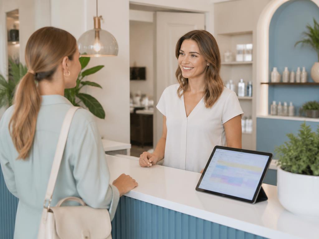 Recepcionista atendendo uma cliente com a agenda do dia aberta no tablet