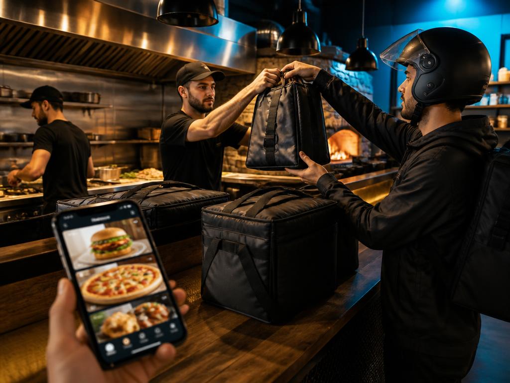 Entregador retirando pedidos prontos no balcão de uma hamburgueria