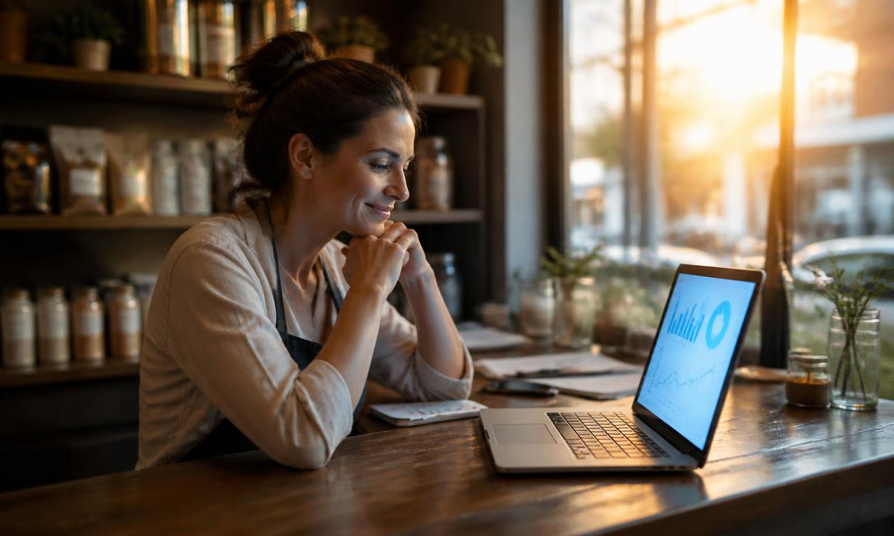 Comerciante conferindo o resultado do dia no notebook ao fim do expediente