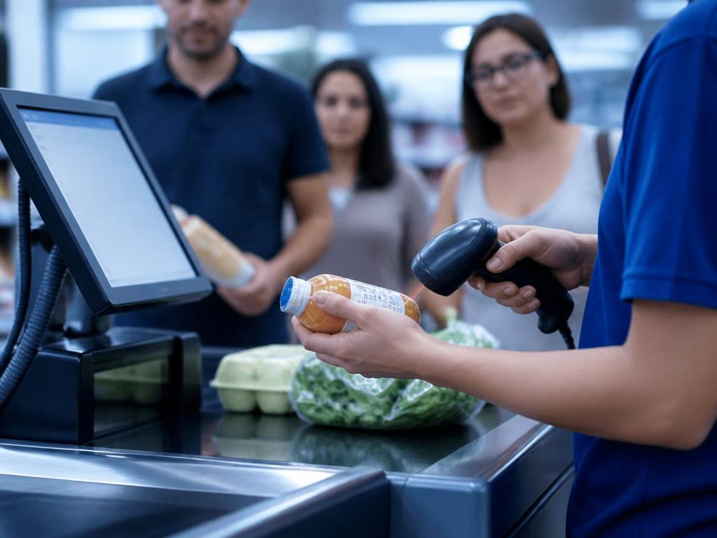 Operador de caixa passando um produto no leitor de código de barras em um mercado